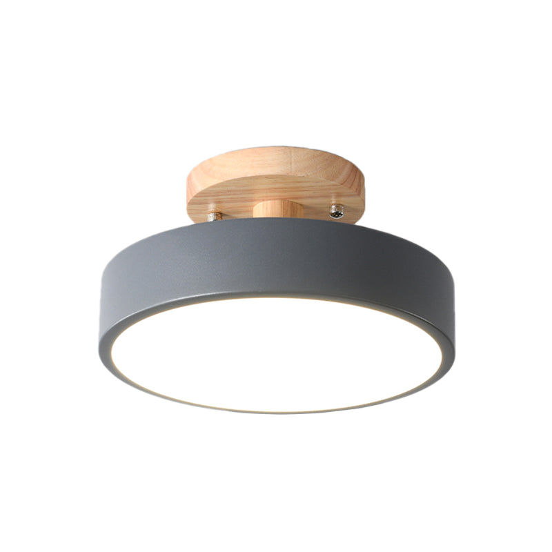 Iron Drum Flushmount Nordic White/Green/Grey Finish LED Semi Close to Ceiling Light with Wood Canopy for Corridor Clearhalo 'Ceiling Lights' 'Close To Ceiling Lights' 'Close to ceiling' 'Semi-flushmount' Lighting' 536914
