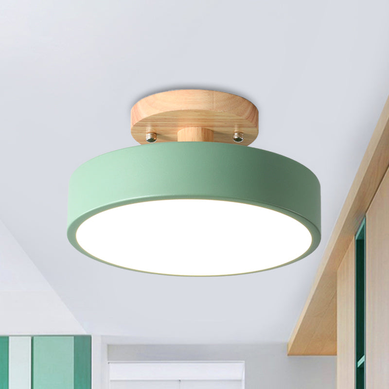 Iron Drum Flushmount Nordic White/Green/Grey Finish LED Semi Close to Ceiling Light with Wood Canopy for Corridor Green Clearhalo 'Ceiling Lights' 'Close To Ceiling Lights' 'Close to ceiling' 'Semi-flushmount' Lighting' 536916
