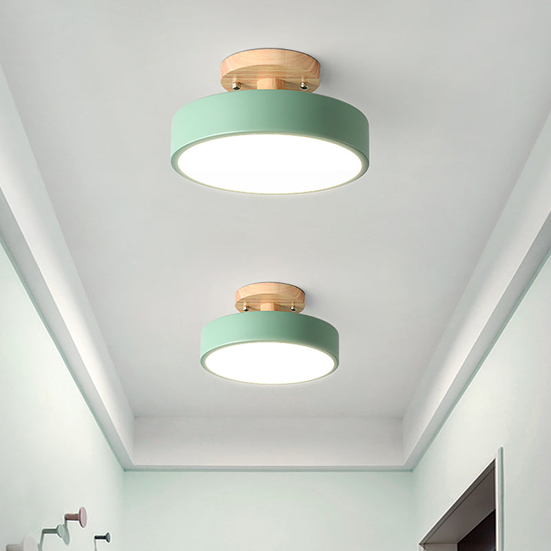 Iron Drum Flushmount Nordic White/Green/Grey Finish LED Semi Close to Ceiling Light with Wood Canopy for Corridor Clearhalo 'Ceiling Lights' 'Close To Ceiling Lights' 'Close to ceiling' 'Semi-flushmount' Lighting' 536917