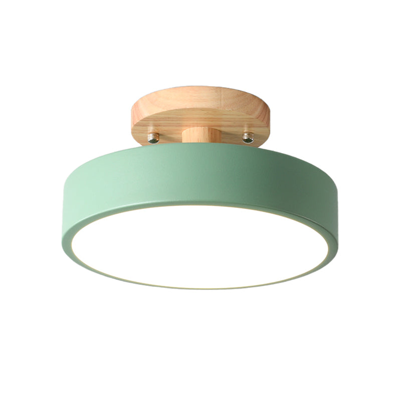 Iron Drum Flushmount Nordic White/Green/Grey Finish LED Semi Close to Ceiling Light with Wood Canopy for Corridor Clearhalo 'Ceiling Lights' 'Close To Ceiling Lights' 'Close to ceiling' 'Semi-flushmount' Lighting' 536918