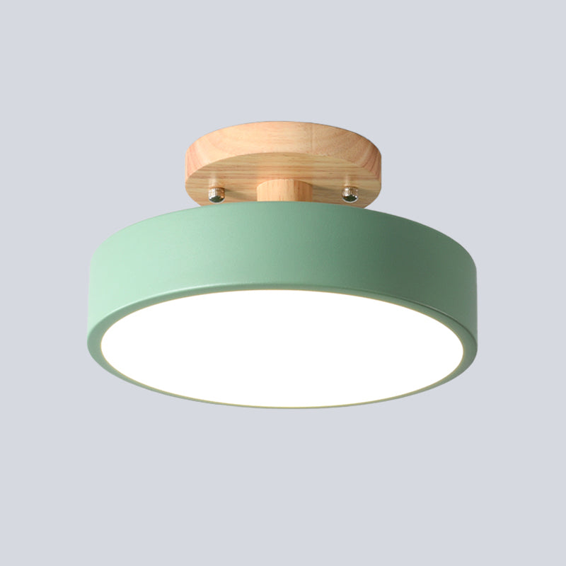 Iron Drum Flushmount Nordic White/Green/Grey Finish LED Semi Close to Ceiling Light with Wood Canopy for Corridor Clearhalo 'Ceiling Lights' 'Close To Ceiling Lights' 'Close to ceiling' 'Semi-flushmount' Lighting' 536919