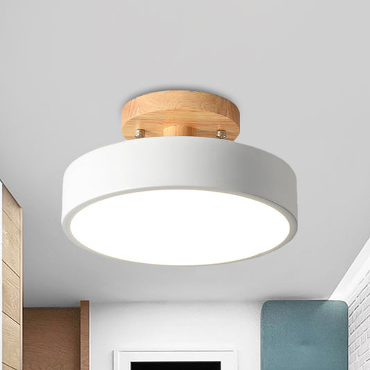 Iron Drum Flushmount Nordic White/Green/Grey Finish LED Semi Close to Ceiling Light with Wood Canopy for Corridor White Clearhalo 'Ceiling Lights' 'Close To Ceiling Lights' 'Close to ceiling' 'Semi-flushmount' Lighting' 536920