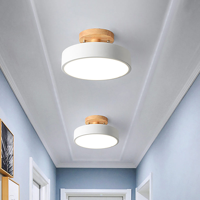 Iron Drum Flushmount Nordic White/Green/Grey Finish LED Semi Close to Ceiling Light with Wood Canopy for Corridor Clearhalo 'Ceiling Lights' 'Close To Ceiling Lights' 'Close to ceiling' 'Semi-flushmount' Lighting' 536921