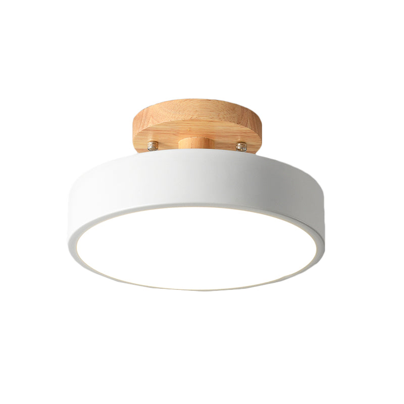Iron Drum Flushmount Nordic White/Green/Grey Finish LED Semi Close to Ceiling Light with Wood Canopy for Corridor Clearhalo 'Ceiling Lights' 'Close To Ceiling Lights' 'Close to ceiling' 'Semi-flushmount' Lighting' 536922