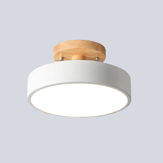 Iron Drum Flushmount Nordic White/Green/Grey Finish LED Semi Close to Ceiling Light with Wood Canopy for Corridor Clearhalo 'Ceiling Lights' 'Close To Ceiling Lights' 'Close to ceiling' 'Semi-flushmount' Lighting' 536923