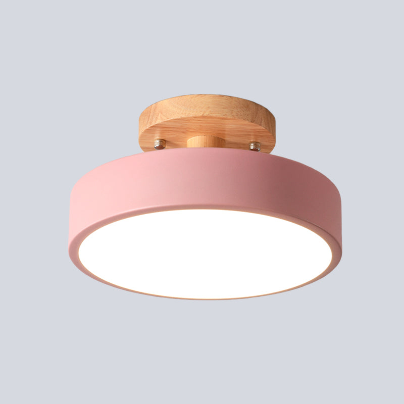 Iron Drum Flushmount Nordic White/Green/Grey Finish LED Semi Close to Ceiling Light with Wood Canopy for Corridor Clearhalo 'Ceiling Lights' 'Close To Ceiling Lights' 'Close to ceiling' 'Semi-flushmount' Lighting' 536927