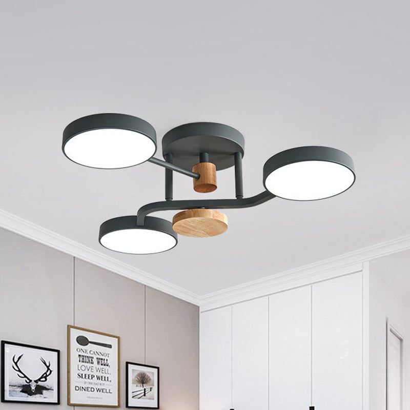Round Semi Flushmount Lighting Macaron Metallic LED Bedroom Flush Mount Lamp Fixture in Grey/White/Green with Curved Arm Clearhalo 'Ceiling Lights' 'Close To Ceiling Lights' 'Close to ceiling' 'Semi-flushmount' Lighting' 536948