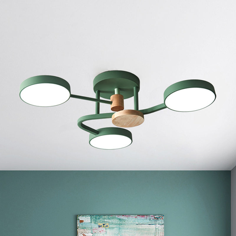 Round Semi Flushmount Lighting Macaron Metallic LED Bedroom Flush Mount Lamp Fixture in Grey/White/Green with Curved Arm Green Clearhalo 'Ceiling Lights' 'Close To Ceiling Lights' 'Close to ceiling' 'Semi-flushmount' Lighting' 536951