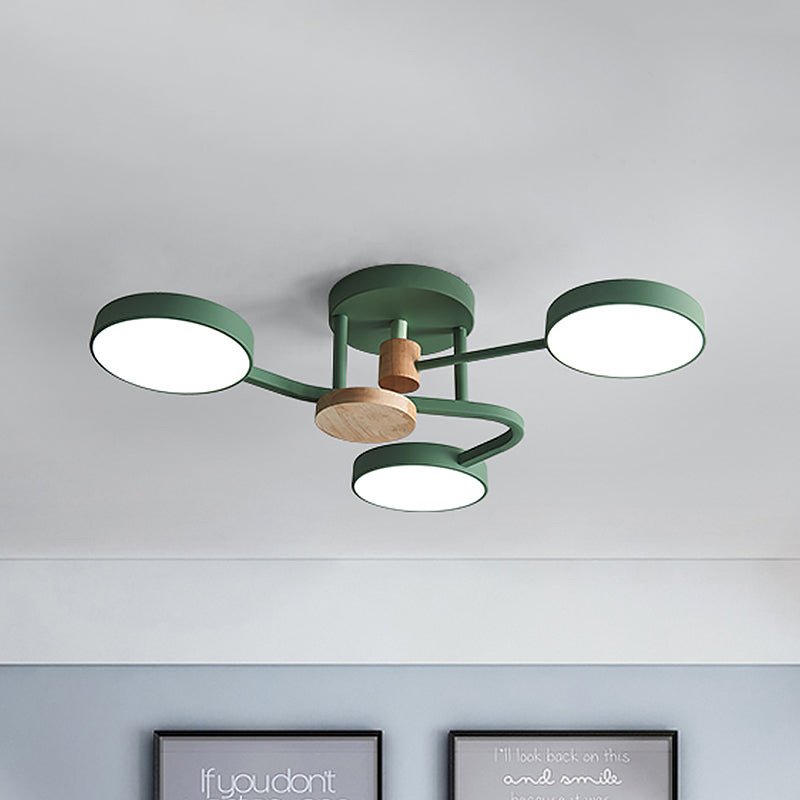 Round Semi Flushmount Lighting Macaron Metallic LED Bedroom Flush Mount Lamp Fixture in Grey/White/Green with Curved Arm Clearhalo 'Ceiling Lights' 'Close To Ceiling Lights' 'Close to ceiling' 'Semi-flushmount' Lighting' 536952