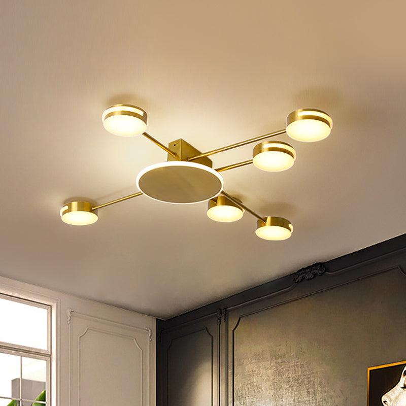 Gold Circular Flush Lighting Modernism 6 Heads Metallic LED Semi Flush Lamp with Acrylic Shade in White/Warm/Natural Light