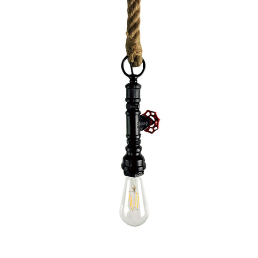 Pipe and Valve Iron Pendant Light Vintage 1 Bulb Bar Hanging Ceiling Lamp in Black/Silver/Copper with Rope Cord Clearhalo 'Art Deco Pendants' 'Black' 'Cast Iron' 'Ceiling Lights' 'Ceramic' 'Crystal' 'Industrial Pendants' 'Industrial' 'Metal' 'Middle Century Pendants' 'Pendant Lights' 'Pendants' 'Rustic Pendants' 'Tiffany' Lighting' 536980