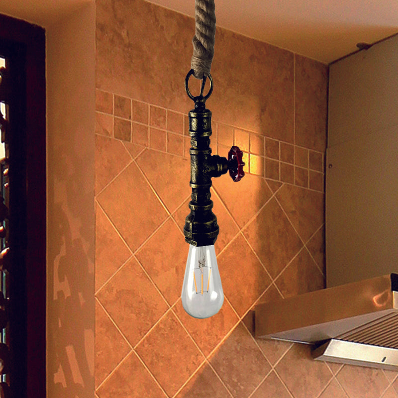 Pipe and Valve Iron Pendant Light Vintage 1 Bulb Bar Hanging Ceiling Lamp in Black/Silver/Copper with Rope Cord Clearhalo 'Art Deco Pendants' 'Black' 'Cast Iron' 'Ceiling Lights' 'Ceramic' 'Crystal' 'Industrial Pendants' 'Industrial' 'Metal' 'Middle Century Pendants' 'Pendant Lights' 'Pendants' 'Rustic Pendants' 'Tiffany' Lighting' 536984