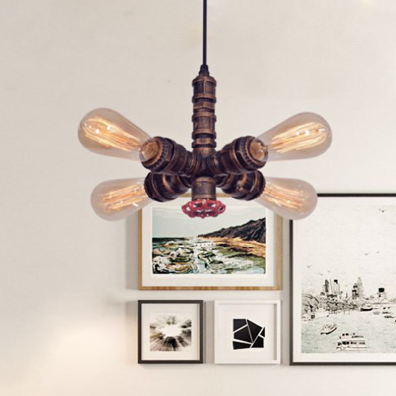 Copper Radial Pipe Hanging Lighting Industrial Iron 4 Bulbs Living Room Chandelier Pendant Lamp with Valve Deco Copper Clearhalo 'Cast Iron' 'Ceiling Lights' 'Chandeliers' 'Industrial Chandeliers' 'Industrial' 'Metal' 'Middle Century Chandeliers' 'Rustic Chandeliers' 'Tiffany' Lighting' 537029