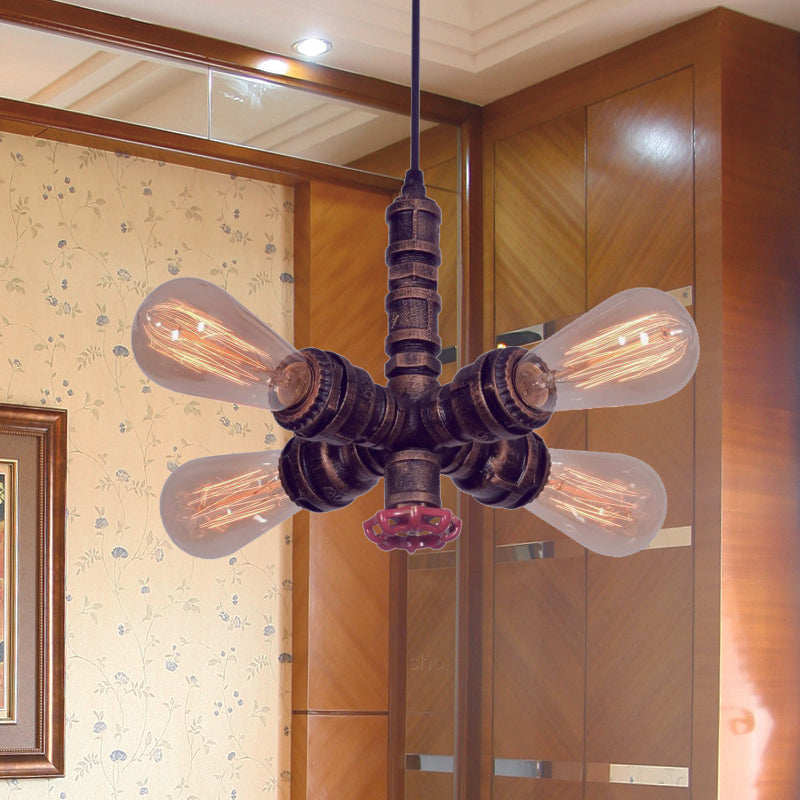 Copper Radial Pipe Hanging Lighting Industrial Iron 4 Bulbs Living Room Chandelier Pendant Lamp with Valve Deco Clearhalo 'Cast Iron' 'Ceiling Lights' 'Chandeliers' 'Industrial Chandeliers' 'Industrial' 'Metal' 'Middle Century Chandeliers' 'Rustic Chandeliers' 'Tiffany' Lighting' 537030