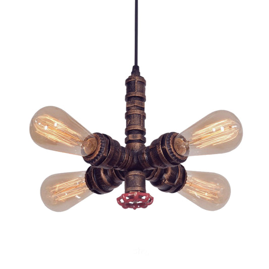 Copper Radial Pipe Hanging Lighting Industrial Iron 4 Bulbs Living Room Chandelier Pendant Lamp with Valve Deco Clearhalo 'Cast Iron' 'Ceiling Lights' 'Chandeliers' 'Industrial Chandeliers' 'Industrial' 'Metal' 'Middle Century Chandeliers' 'Rustic Chandeliers' 'Tiffany' Lighting' 537031