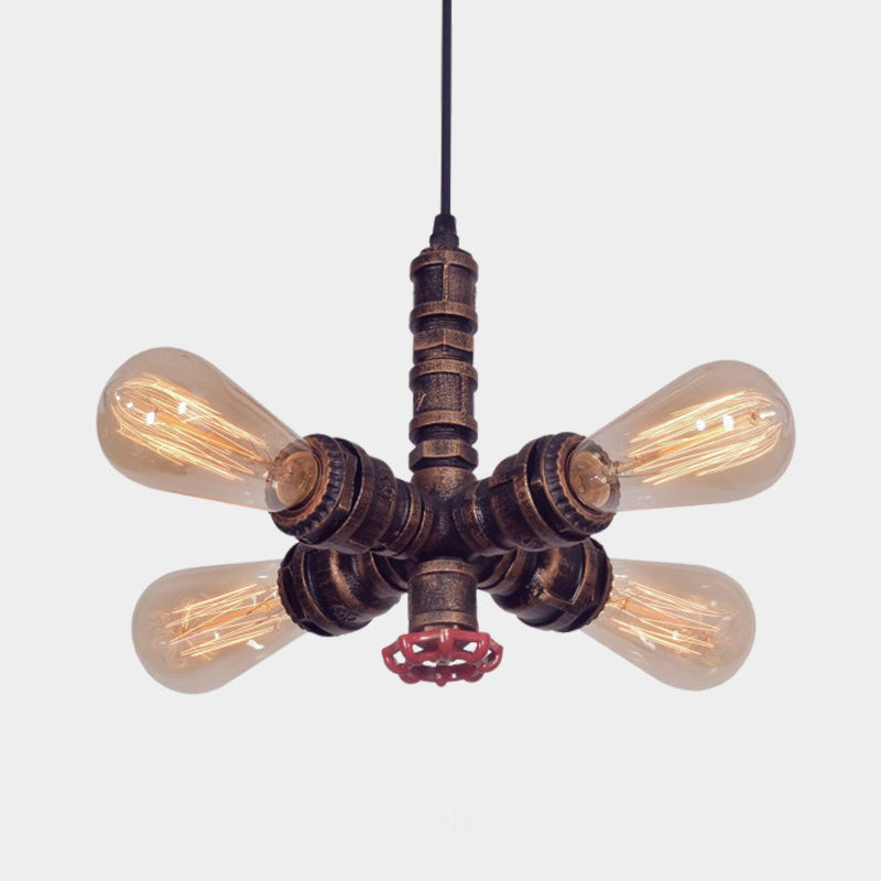 Copper Radial Pipe Hanging Lighting Industrial Iron 4 Bulbs Living Room Chandelier Pendant Lamp with Valve Deco Clearhalo 'Cast Iron' 'Ceiling Lights' 'Chandeliers' 'Industrial Chandeliers' 'Industrial' 'Metal' 'Middle Century Chandeliers' 'Rustic Chandeliers' 'Tiffany' Lighting' 537032
