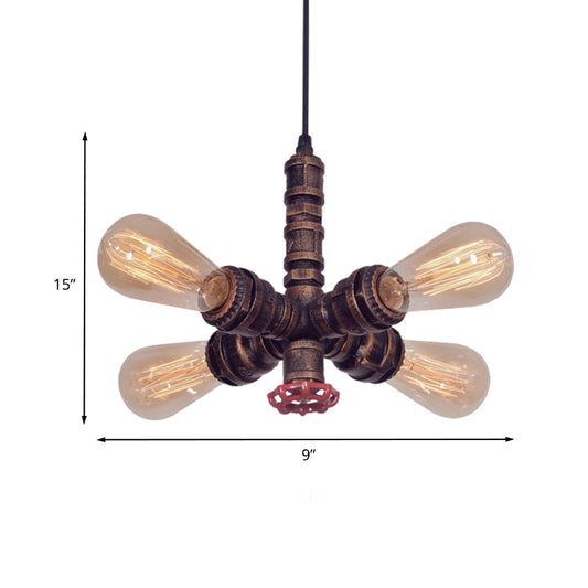 Copper Radial Pipe Hanging Lighting Industrial Iron 4 Bulbs Living Room Chandelier Pendant Lamp with Valve Deco Clearhalo 'Cast Iron' 'Ceiling Lights' 'Chandeliers' 'Industrial Chandeliers' 'Industrial' 'Metal' 'Middle Century Chandeliers' 'Rustic Chandeliers' 'Tiffany' Lighting' 537033