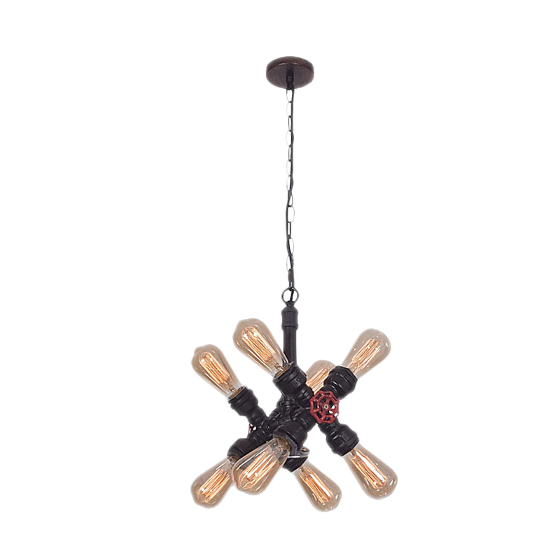 Farmhouse Cross Pipe Pendant Chandelier 8 Lights Metal Hanging Ceiling Lamp in Black for Living Room Clearhalo 'Cast Iron' 'Ceiling Lights' 'Chandeliers' 'Industrial Chandeliers' 'Industrial' 'Metal' 'Middle Century Chandeliers' 'Rustic Chandeliers' 'Tiffany' Lighting' 537036
