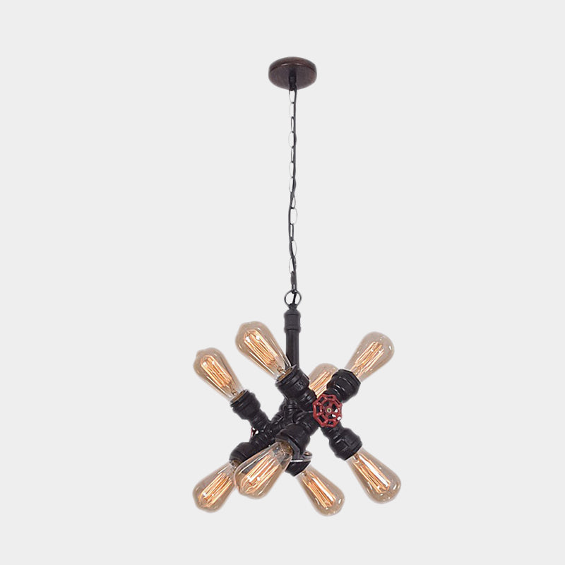 Farmhouse Cross Pipe Pendant Chandelier 8 Lights Metal Hanging Ceiling Lamp in Black for Living Room Clearhalo 'Cast Iron' 'Ceiling Lights' 'Chandeliers' 'Industrial Chandeliers' 'Industrial' 'Metal' 'Middle Century Chandeliers' 'Rustic Chandeliers' 'Tiffany' Lighting' 537037