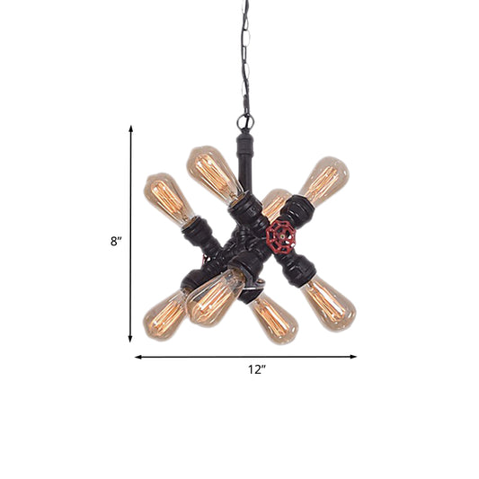 Farmhouse Cross Pipe Pendant Chandelier 8 Lights Metal Hanging Ceiling Lamp in Black for Living Room Clearhalo 'Cast Iron' 'Ceiling Lights' 'Chandeliers' 'Industrial Chandeliers' 'Industrial' 'Metal' 'Middle Century Chandeliers' 'Rustic Chandeliers' 'Tiffany' Lighting' 537038