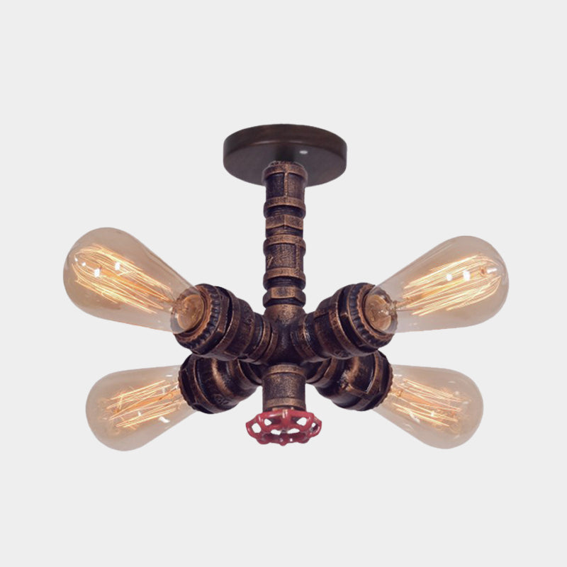 Copper 4 Lights Flushmount Lighting Vintage Metal Sputnik Pipe Semi Flush Lamp Fixture with Valve Deco