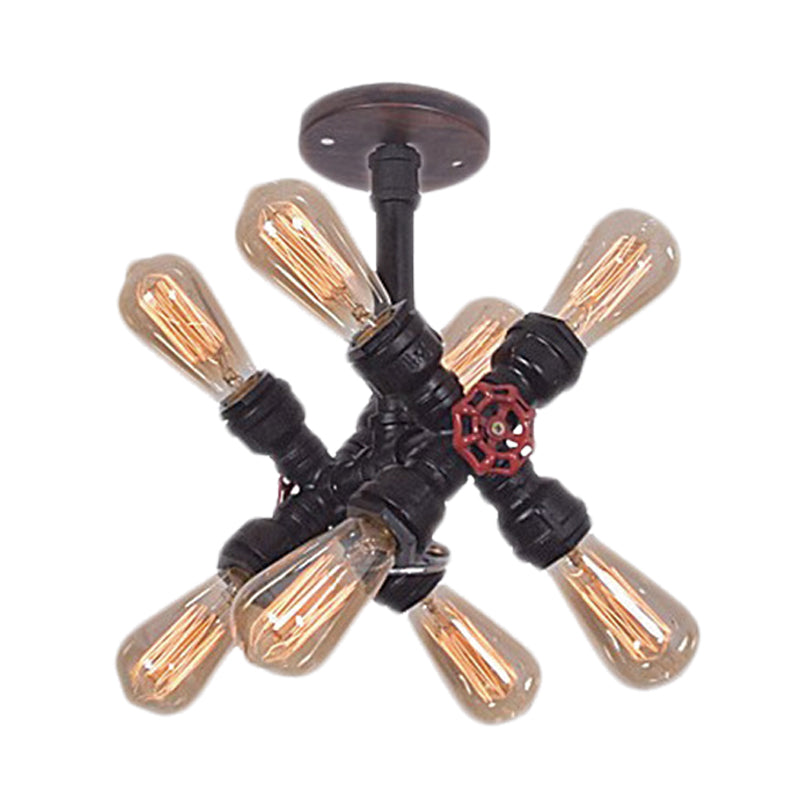 8-Bulb Iron Semi Flush Mount Light Vintage Black Crossing Pipe Bedroom Flush Ceiling Light with Valve Deco Clearhalo 'Ceiling Lights' 'Close To Ceiling Lights' 'Close to ceiling' 'Semi-flushmount' Lighting' 537051