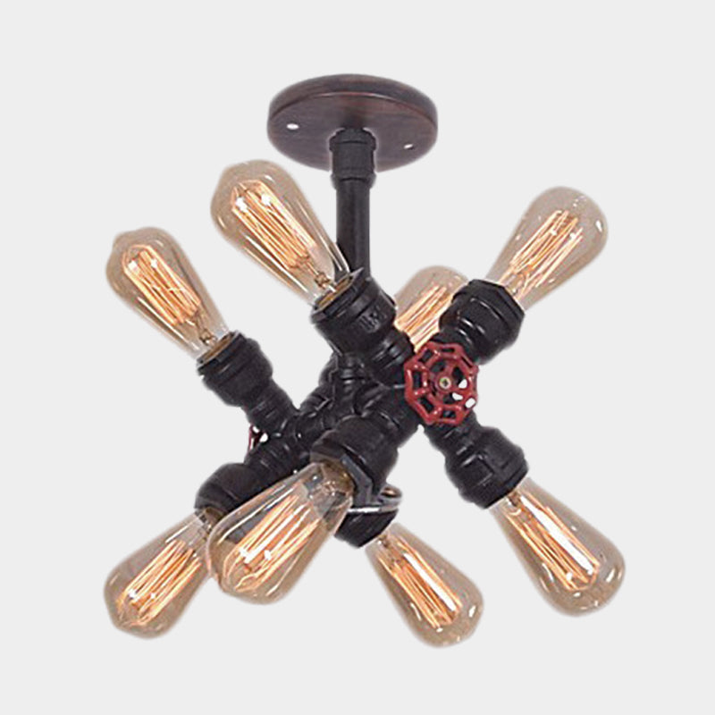 8-Bulb Iron Semi Flush Mount Light Vintage Black Crossing Pipe Bedroom Flush Ceiling Light with Valve Deco Clearhalo 'Ceiling Lights' 'Close To Ceiling Lights' 'Close to ceiling' 'Semi-flushmount' Lighting' 537052