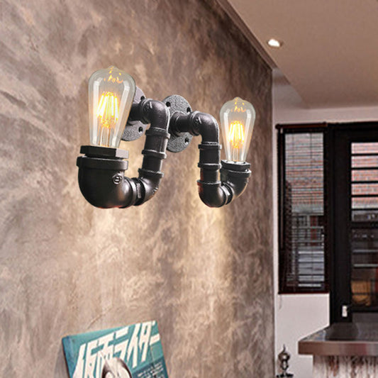 2-Light Double Curved Arm Sconce Antiqued Black/Rust/Gold Finish Metallic Wall Lamp for Restaurant Black Clearhalo 'Art deco wall lights' 'Cast Iron' 'Glass' 'Industrial wall lights' 'Industrial' 'Middle century wall lights' 'Modern' 'Rustic wall lights' 'Tiffany' 'Traditional wall lights' 'Wall Lamps & Sconces' 'Wall Lights' Lighting' 537069