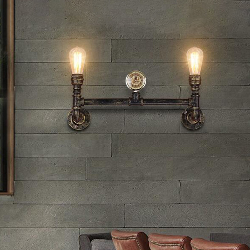 Iron Bronze Finish Wall Mount Lamp Bare Bulb 2-Head Antiqued Sconce Lighting with Gauge Deco Bronze Clearhalo 'Art deco wall lights' 'Cast Iron' 'Glass' 'Industrial wall lights' 'Industrial' 'Middle century wall lights' 'Modern' 'Rustic wall lights' 'Tiffany' 'Traditional wall lights' 'Wall Lamps & Sconces' 'Wall Lights' Lighting' 537098