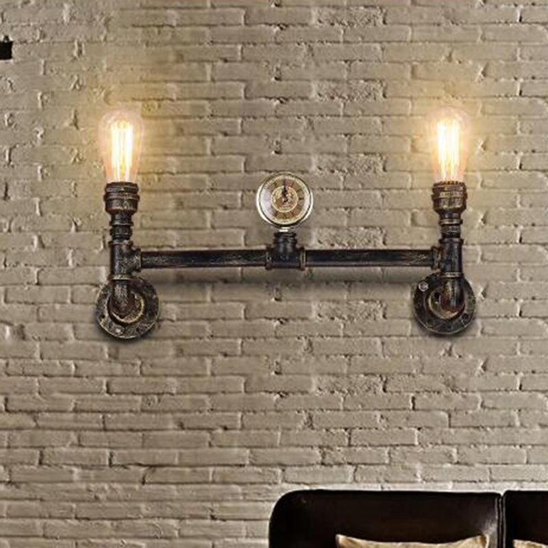 Iron Bronze Finish Wall Mount Lamp Bare Bulb 2-Head Antiqued Sconce Lighting with Gauge Deco Clearhalo 'Art deco wall lights' 'Cast Iron' 'Glass' 'Industrial wall lights' 'Industrial' 'Middle century wall lights' 'Modern' 'Rustic wall lights' 'Tiffany' 'Traditional wall lights' 'Wall Lamps & Sconces' 'Wall Lights' Lighting' 537099