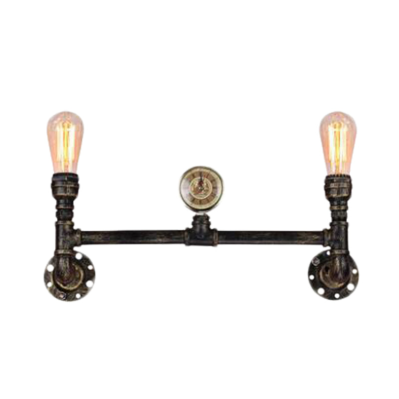 Iron Bronze Finish Wall Mount Lamp Bare Bulb 2-Head Antiqued Sconce Lighting with Gauge Deco Clearhalo 'Art deco wall lights' 'Cast Iron' 'Glass' 'Industrial wall lights' 'Industrial' 'Middle century wall lights' 'Modern' 'Rustic wall lights' 'Tiffany' 'Traditional wall lights' 'Wall Lamps & Sconces' 'Wall Lights' Lighting' 537100