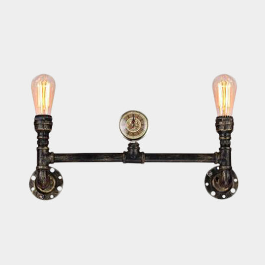 Iron Bronze Finish Wall Mount Lamp Bare Bulb 2-Head Antiqued Sconce Lighting with Gauge Deco Clearhalo 'Art deco wall lights' 'Cast Iron' 'Glass' 'Industrial wall lights' 'Industrial' 'Middle century wall lights' 'Modern' 'Rustic wall lights' 'Tiffany' 'Traditional wall lights' 'Wall Lamps & Sconces' 'Wall Lights' Lighting' 537101