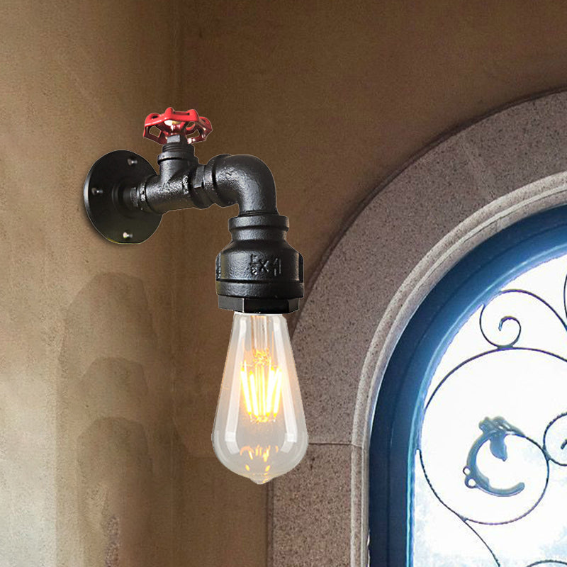 Water Pipe Balcony Sconce Lamp Fixture Industrial Iron 1-Light Silver/Black/Rust Wall Mount Lamp with Red Valve Deco Black Clearhalo 'Art deco wall lights' 'Cast Iron' 'Glass' 'Industrial wall lights' 'Industrial' 'Middle century wall lights' 'Modern' 'Rustic wall lights' 'Tiffany' 'Traditional wall lights' 'Wall Lamps & Sconces' 'Wall Lights' Lighting' 537103