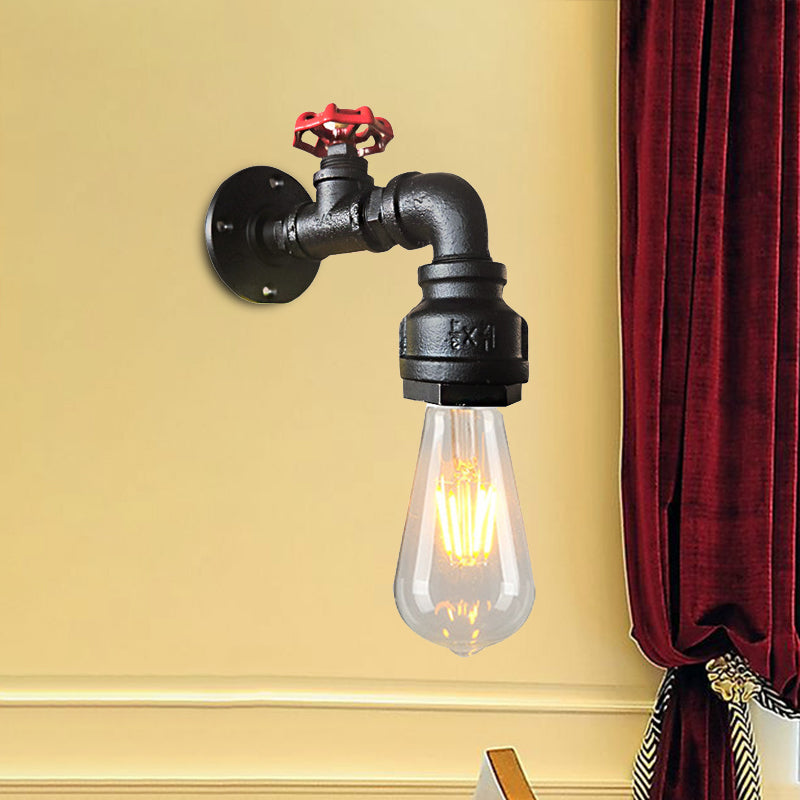 Water Pipe Balcony Sconce Lamp Fixture Industrial Iron 1-Light Silver/Black/Rust Wall Mount Lamp with Red Valve Deco Clearhalo 'Art deco wall lights' 'Cast Iron' 'Glass' 'Industrial wall lights' 'Industrial' 'Middle century wall lights' 'Modern' 'Rustic wall lights' 'Tiffany' 'Traditional wall lights' 'Wall Lamps & Sconces' 'Wall Lights' Lighting' 537104