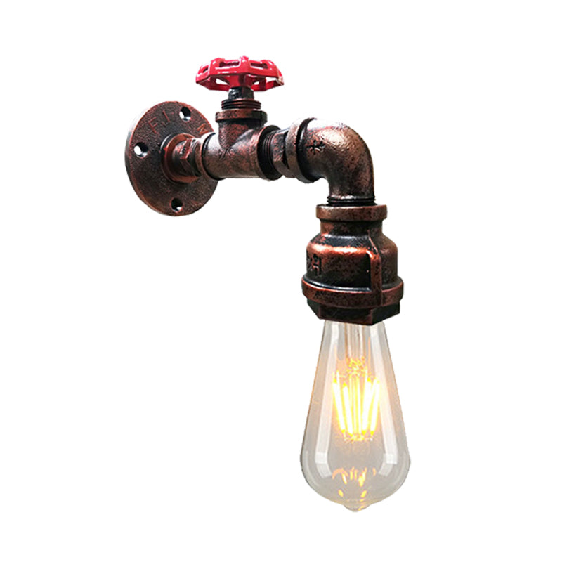Water Pipe Balcony Sconce Lamp Fixture Industrial Iron 1-Light Silver/Black/Rust Wall Mount Lamp with Red Valve Deco Clearhalo 'Art deco wall lights' 'Cast Iron' 'Glass' 'Industrial wall lights' 'Industrial' 'Middle century wall lights' 'Modern' 'Rustic wall lights' 'Tiffany' 'Traditional wall lights' 'Wall Lamps & Sconces' 'Wall Lights' Lighting' 537110