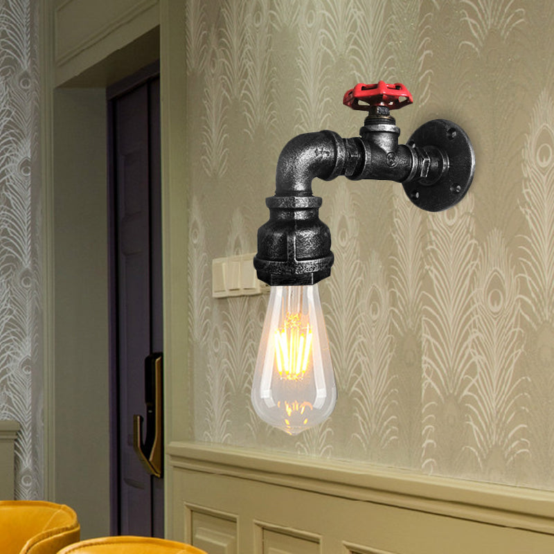 Water Pipe Balcony Sconce Lamp Fixture Industrial Iron 1-Light Silver/Black/Rust Wall Mount Lamp with Red Valve Deco Clearhalo 'Art deco wall lights' 'Cast Iron' 'Glass' 'Industrial wall lights' 'Industrial' 'Middle century wall lights' 'Modern' 'Rustic wall lights' 'Tiffany' 'Traditional wall lights' 'Wall Lamps & Sconces' 'Wall Lights' Lighting' 537112
