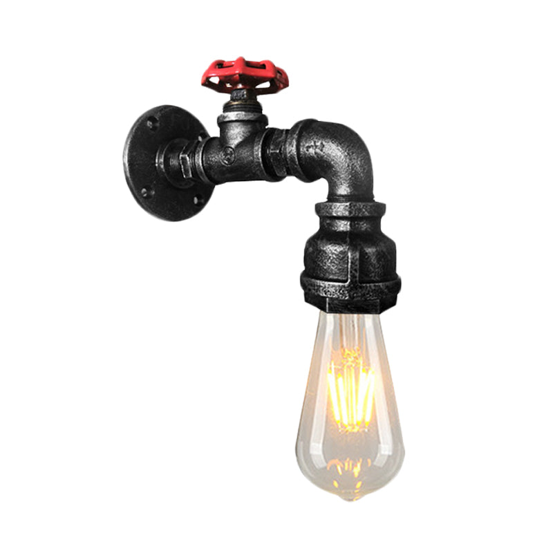 Water Pipe Balcony Sconce Lamp Fixture Industrial Iron 1-Light Silver/Black/Rust Wall Mount Lamp with Red Valve Deco Clearhalo 'Art deco wall lights' 'Cast Iron' 'Glass' 'Industrial wall lights' 'Industrial' 'Middle century wall lights' 'Modern' 'Rustic wall lights' 'Tiffany' 'Traditional wall lights' 'Wall Lamps & Sconces' 'Wall Lights' Lighting' 537113