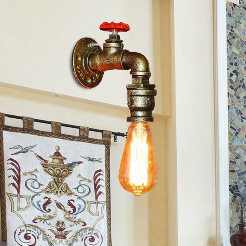 Water Pipe Balcony Sconce Lamp Fixture Industrial Iron 1-Light Silver/Black/Rust Wall Mount Lamp with Red Valve Deco Clearhalo 'Art deco wall lights' 'Cast Iron' 'Glass' 'Industrial wall lights' 'Industrial' 'Middle century wall lights' 'Modern' 'Rustic wall lights' 'Tiffany' 'Traditional wall lights' 'Wall Lamps & Sconces' 'Wall Lights' Lighting' 537115
