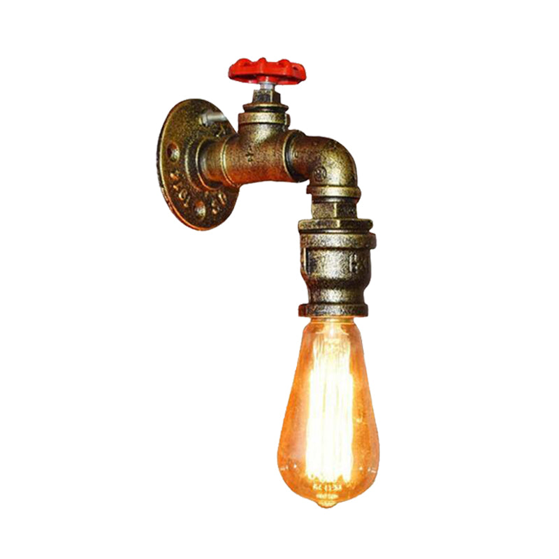 Water Pipe Balcony Sconce Lamp Fixture Industrial Iron 1-Light Silver/Black/Rust Wall Mount Lamp with Red Valve Deco Clearhalo 'Art deco wall lights' 'Cast Iron' 'Glass' 'Industrial wall lights' 'Industrial' 'Middle century wall lights' 'Modern' 'Rustic wall lights' 'Tiffany' 'Traditional wall lights' 'Wall Lamps & Sconces' 'Wall Lights' Lighting' 537116