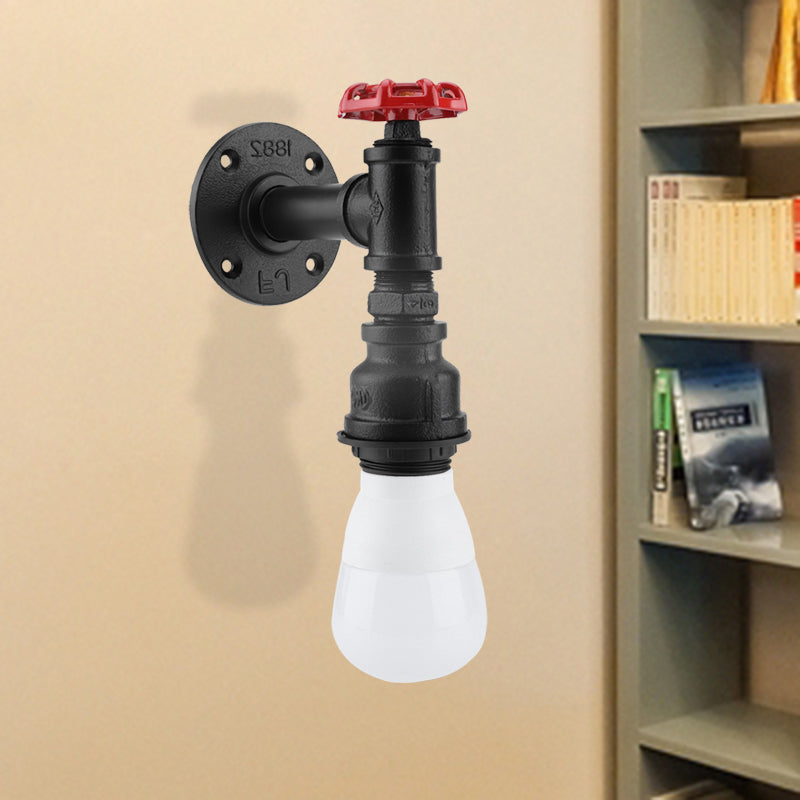 Black 1 Bulb Wall Sconce Farmhouse Iron Piping Wall Mount Lighting with Red Valve Deco for Corner Black Clearhalo 'Art deco wall lights' 'Cast Iron' 'Glass' 'Industrial wall lights' 'Industrial' 'Middle century wall lights' 'Modern' 'Rustic wall lights' 'Tiffany' 'Traditional wall lights' 'Wall Lamps & Sconces' 'Wall Lights' Lighting' 537117