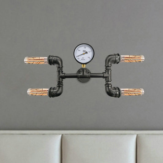 4-Bulb H-Shape Wall Light Sconce Farmhouse Black Iron Wall Mount Lamp with Gauge Deco Black Clearhalo 'Art deco wall lights' 'Cast Iron' 'Glass' 'Industrial wall lights' 'Industrial' 'Middle century wall lights' 'Modern' 'Rustic wall lights' 'Tiffany' 'Traditional wall lights' 'Wall Lamps & Sconces' 'Wall Lights' Lighting' 537132