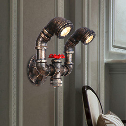 1/2-Bulb Sconce Light Fixture Farmhouse Water Pipe Iron Wall Lamp in Bronze with Red Valve Deco 2.0 Bronze Clearhalo 'Art deco wall lights' 'Cast Iron' 'Glass' 'Industrial wall lights' 'Industrial' 'Middle century wall lights' 'Modern' 'Rustic wall lights' 'Tiffany' 'Traditional wall lights' 'Wall Lamps & Sconces' 'Wall Lights' Lighting' 537146