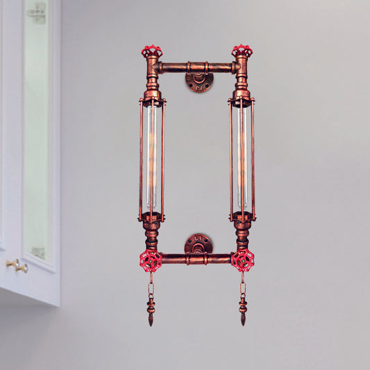 Metal Rectangle Frame Wall Lighting Antiqued 2 Lights Hallway Wall Lamp Sconce in Black/Copper with Chain Copper Clearhalo 'Art deco wall lights' 'Cast Iron' 'Glass' 'Industrial wall lights' 'Industrial' 'Middle century wall lights' 'Modern' 'Rustic wall lights' 'Tiffany' 'Traditional wall lights' 'Wall Lamps & Sconces' 'Wall Lights' Lighting' 537178