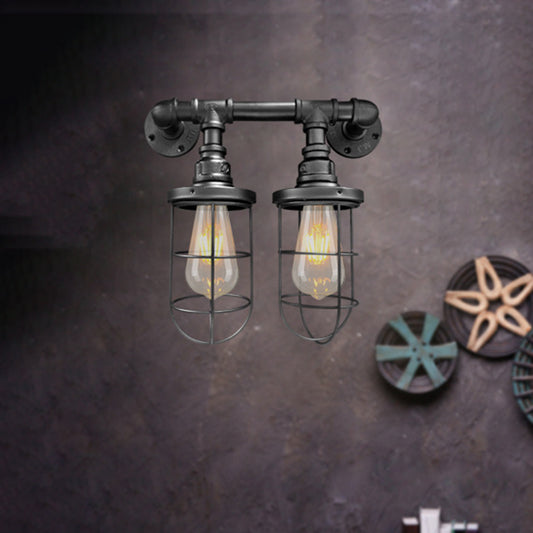 Wire Cage Iron Sconce Light Fixture Farmhouse 2 Bulbs Coffee Shop Wall Mount Pipe Lamp in Black/Brass Clearhalo 'Art deco wall lights' 'Cast Iron' 'Glass' 'Industrial wall lights' 'Industrial' 'Middle century wall lights' 'Modern' 'Rustic wall lights' 'Tiffany' 'Traditional wall lights' 'Wall Lamps & Sconces' 'Wall Lights' Lighting' 537182