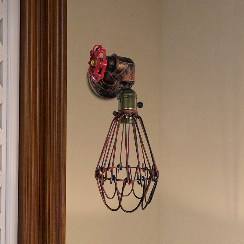 1 Head Conical Cage Sconce Light Fixture Vintage Black/Rust/Silver Finish Metal Wall Mount Lamp with Valve Deco Clearhalo 'Art deco wall lights' 'Cast Iron' 'Glass' 'Industrial wall lights' 'Industrial' 'Middle century wall lights' 'Modern' 'Rustic wall lights' 'Tiffany' 'Traditional wall lights' 'Wall Lamps & Sconces' 'Wall Lights' Lighting' 537203