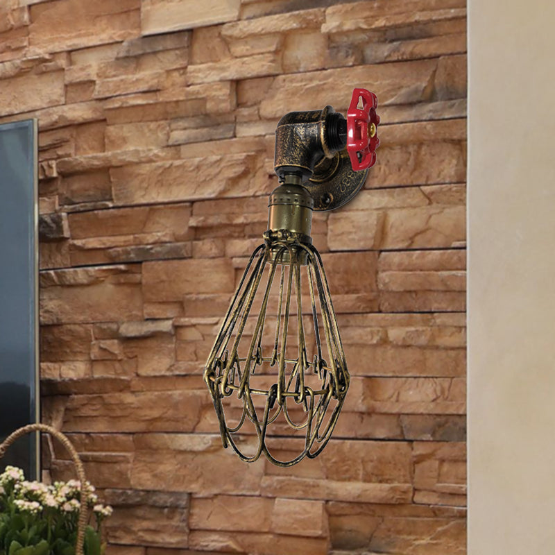 1 Head Conical Cage Sconce Light Fixture Vintage Black/Rust/Silver Finish Metal Wall Mount Lamp with Valve Deco Clearhalo 'Art deco wall lights' 'Cast Iron' 'Glass' 'Industrial wall lights' 'Industrial' 'Middle century wall lights' 'Modern' 'Rustic wall lights' 'Tiffany' 'Traditional wall lights' 'Wall Lamps & Sconces' 'Wall Lights' Lighting' 537209
