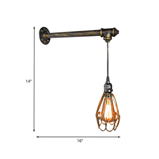 Metal Caged Wall Sconce Lamp Industrial 1 Bulb Restaurant Wall Mount Pipe Light in Brass Clearhalo 'Art deco wall lights' 'Cast Iron' 'Glass' 'Industrial wall lights' 'Industrial' 'Middle century wall lights' 'Modern' 'Rustic wall lights' 'Tiffany' 'Traditional wall lights' 'Wall Lamps & Sconces' 'Wall Lights' Lighting' 537215