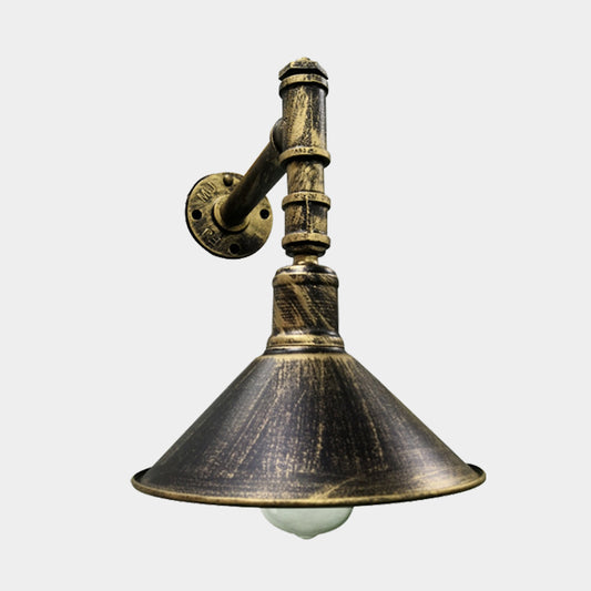 1-Light Sconce Lighting Rustic Conical Metallic Wall Mounted Lamp in Antique Brass with Right Angle Pipe Arm Clearhalo 'Art deco wall lights' 'Cast Iron' 'Glass' 'Industrial wall lights' 'Industrial' 'Middle century wall lights' 'Modern' 'Rustic wall lights' 'Tiffany' 'Traditional wall lights' 'Wall Lamps & Sconces' 'Wall Lights' Lighting' 537229