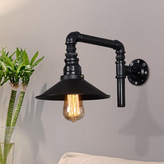1 Bulb Iron Sconce Light Fixture Vintage Black Flared Restaurant Wall Mount Pipe Lamp with Right Angle Arm Black Clearhalo 'Art deco wall lights' 'Cast Iron' 'Glass' 'Industrial wall lights' 'Industrial' 'Middle century wall lights' 'Modern' 'Rustic wall lights' 'Tiffany' 'Traditional wall lights' 'Wall Lamps & Sconces' 'Wall Lights' Lighting' 537231