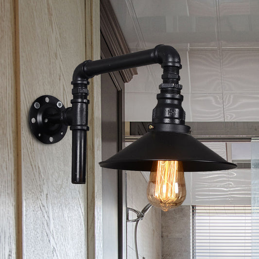 1 Bulb Iron Sconce Light Fixture Vintage Black Flared Restaurant Wall Mount Pipe Lamp with Right Angle Arm Clearhalo 'Art deco wall lights' 'Cast Iron' 'Glass' 'Industrial wall lights' 'Industrial' 'Middle century wall lights' 'Modern' 'Rustic wall lights' 'Tiffany' 'Traditional wall lights' 'Wall Lamps & Sconces' 'Wall Lights' Lighting' 537232